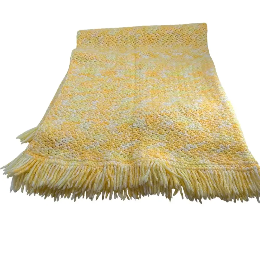 Vintage Crochet Throw Blanket Fringe Cottagecore Yellow Orange White Handmade